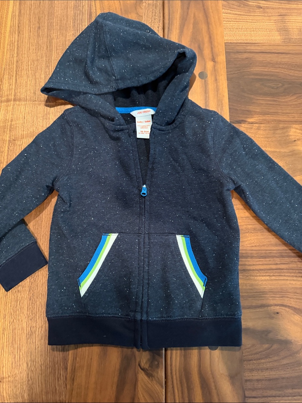 Joe Fresh Dark Navy Speckled Zip Hoodie with Blue & Green Stripes